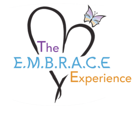 The words The Embrace Experience in a heart with a small butterfly on the top right corner